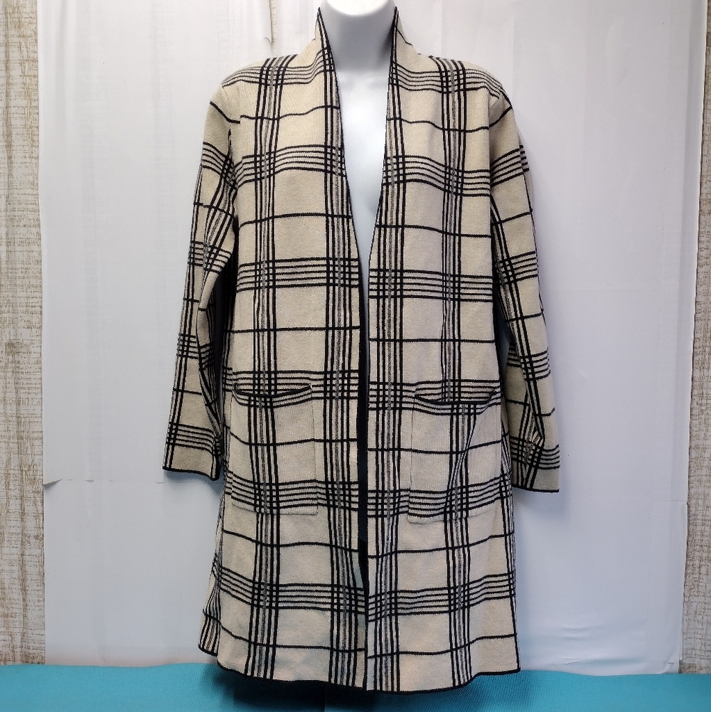 SIONI Women’s Beige/Black Plaid Long Sleeve Cardigan Sweater Sz M